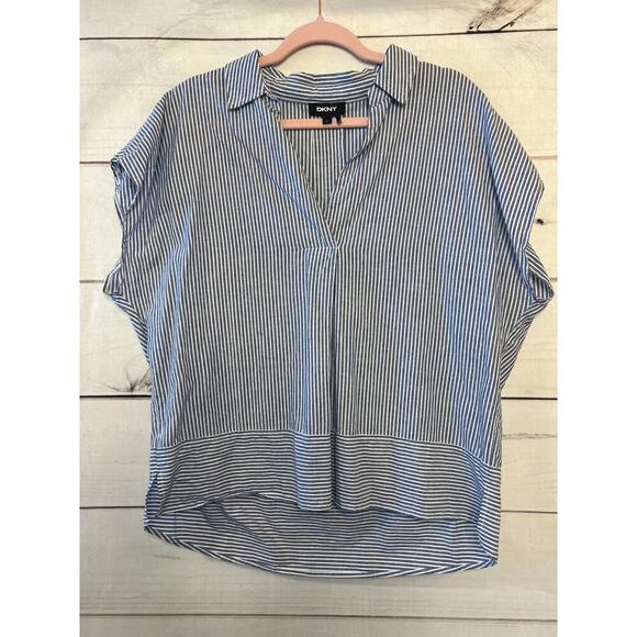 DKNY Top Preppy Blue & White Stripes Collar Size Large - Picture 1 of 5